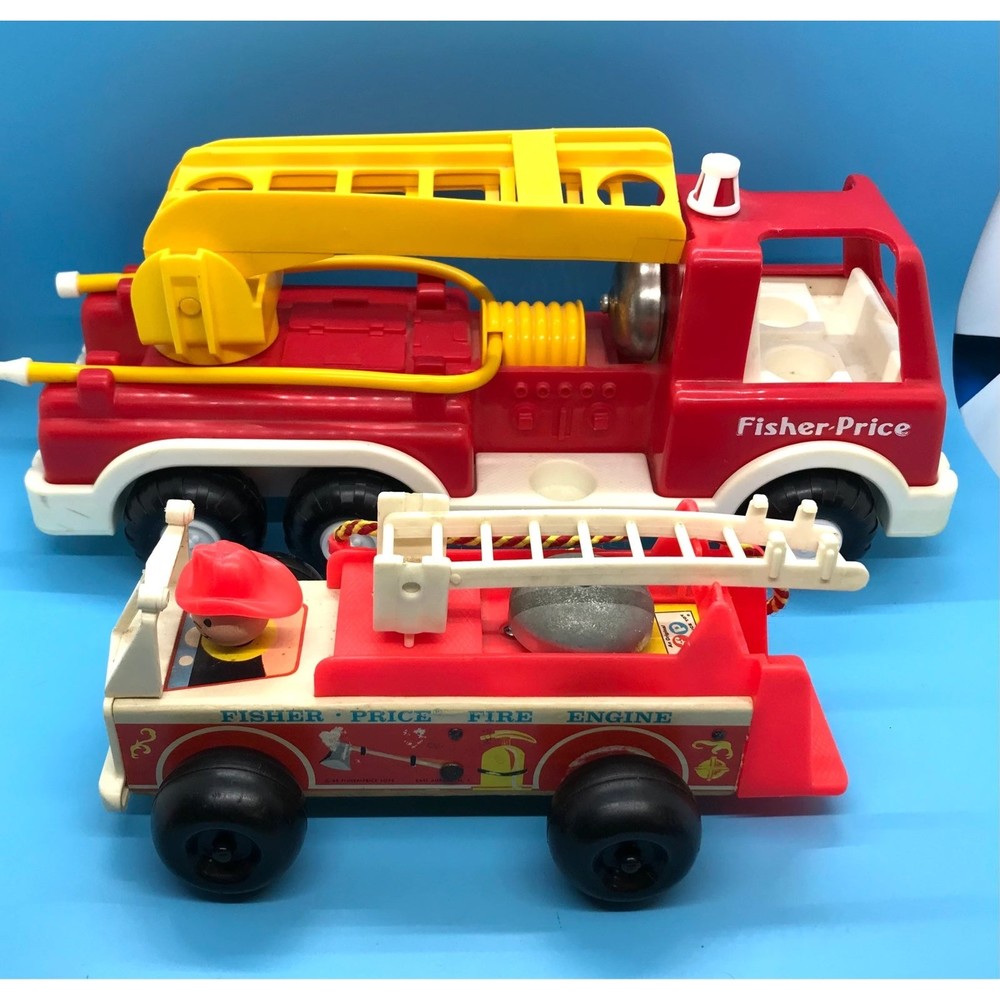 Vintage Lot Fisher Price Fire Trucks #2361 1988 & 720 1968 Plastic & Wood.